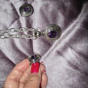 EARRINGS AND NECKLACE SET FRENCH BACK & MAGNET CLOSURE PURPLE STONES